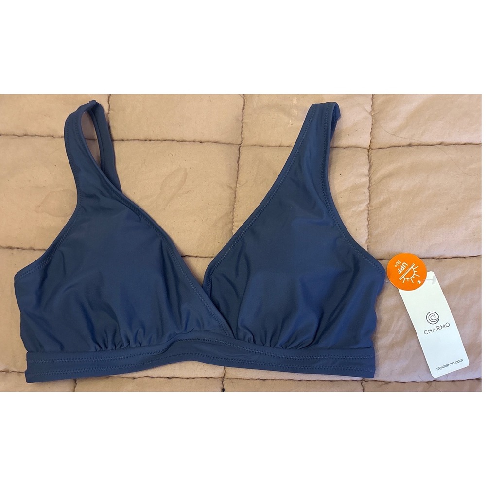 NEW Charmo Blue Bikini Top Women's Medium V-Neck Swim Top Adjustable Straps